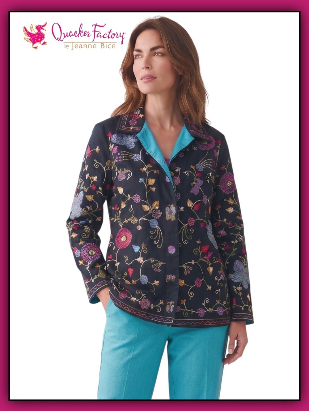 NEW Quacker Factory Floral Embroidered Beaded Jacket in Black and Turquoise L